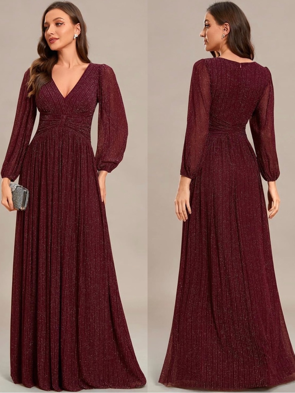 Ever Pretty Burgundy Glitter A-Line Floor Length V-Neck Evening Gown